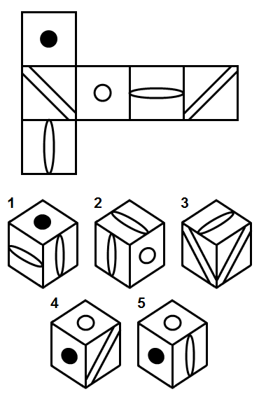 Тест на iq № 1. Вопрос №35. Какие два куба из пяти являются правильными?