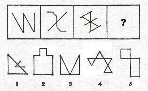 Тест на iq № 4. Вопрос №26. Какую фигуру из пяти пронумерованных необходимо добавить вместо знака вопроса?