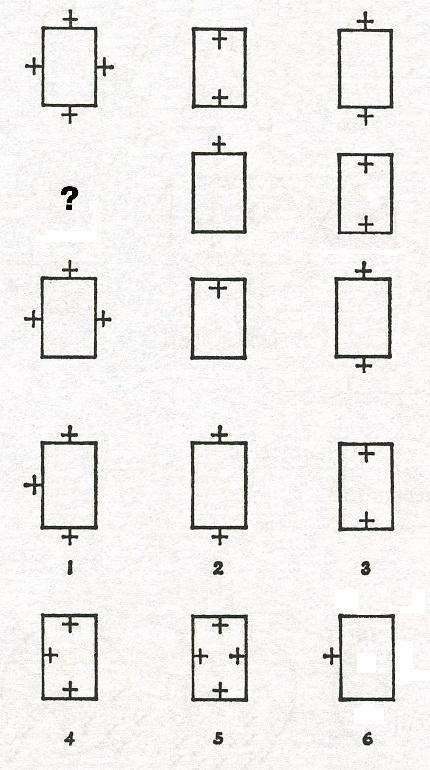 Тест на iq № 4. Вопрос №34. Какую фигуру из шести пронумерованных необходимо добавить вместо знака вопроса?