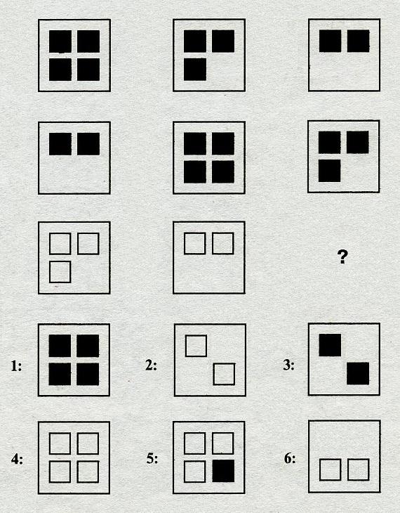 Тест на iq №9. Вопрос №4. Какую фигуру из шести пронумерованных необходимо добавить вместо знака вопроса?