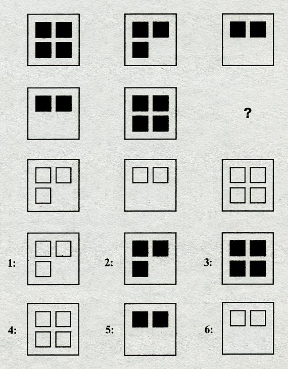 Тесты на iq. Тест на iq №9 с вариантами ответов. Вопрос №5. Выберите недостающий рисунок из шести пронумерованных.