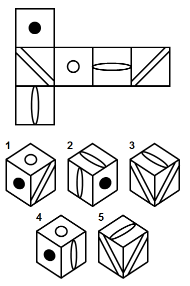 Тест на iq № 3. Вопрос №16. Какие два куба из пяти являются правильными?