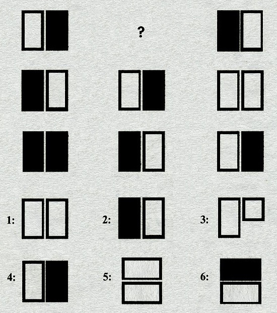 Тест на iq №5. Вопрос №17. Какую фигуру из шести пронумерованных необходимо добавить вместо знака вопроса?