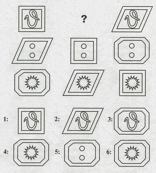 Тест на iq №8. Вопрос №3. Какую фигуру из шести пронумерованных необходимо добавить вместо знака вопроса?