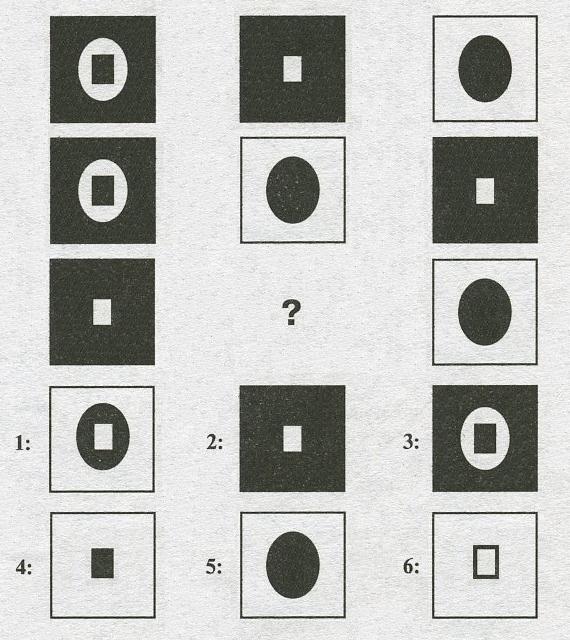 Тест на iq №8. Вопрос №38. Какую фигуру из шести пронумерованных необходимо добавить вместо знака вопроса?